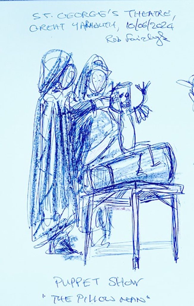 Sketch by Rob Fairclough. The Pillowman by Martin McDonagh. 14-7 Theatre. Director John Hales (2024)