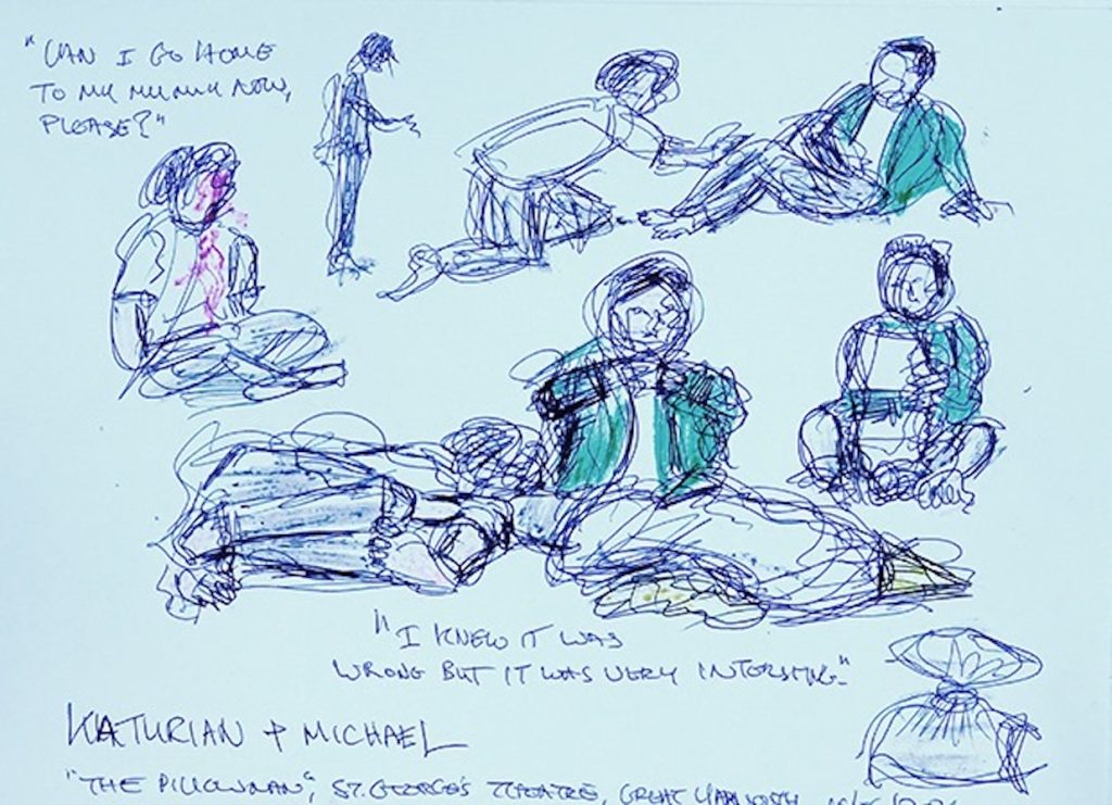 Sketch by Rob Fairclough. The Pillowman by Martin McDonagh. 14-7 Theatre. Director John Hales (2024)