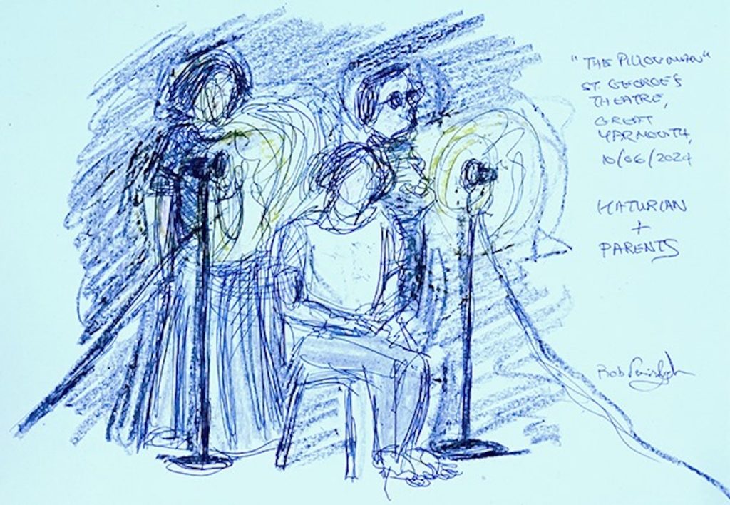 Sketch by Rob Fairclough. The Pillowman by Martin McDonagh. 14-7 Theatre. Director John Hales (2024)