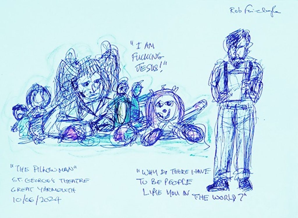 Sketch by Rob Fairclough. The Pillowman by Martin McDonagh. 14-7 Theatre. Director John Hales (2024)